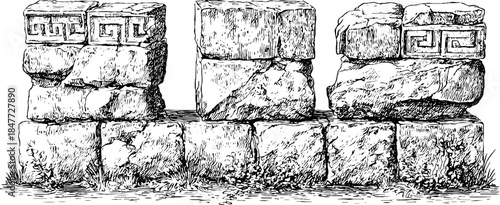 Antique geometric stone blocks vintage engraved illustration for retro design