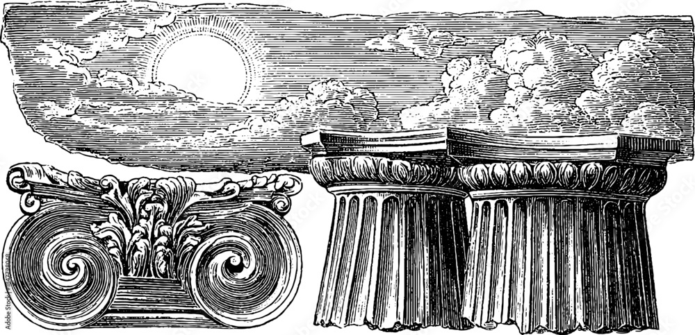 Naklejka premium Art deco architectural elements with sun and clouds vintage engraving for design projects