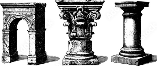 Architectural elements set featuring vintage engraved arch, keystone, and column for design and decoration