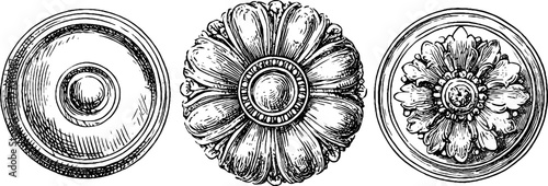 Ornate vintage architectural elements: hand-drawn engraving set for design and decoration