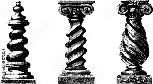 Vintage engraved illustration set of three spiral balustrades for design and decor