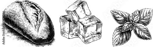 Vintage engraved illustrations of baked bread, ice cubes, and basil leaves for retro design