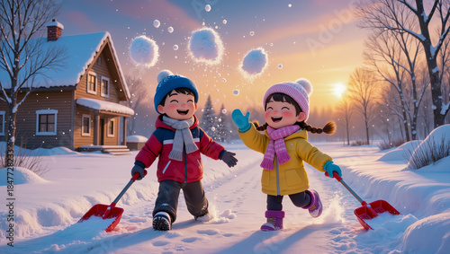 Joyful children playing in snowy landscape during a bright winter afternoon in a cozy neighborhood