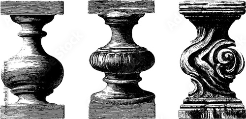 Vintage engraved balustrade design set for decorative architecture and interior design