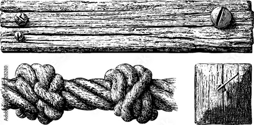 Rustic vintage engraving of barn wood, rope, and plan sketch for retro design projects