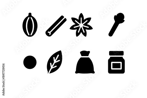 Warm Spice Icons. Warm spice set. Filled icon set of Warm spice set: cardamom pod, cinnamon bark, star anise