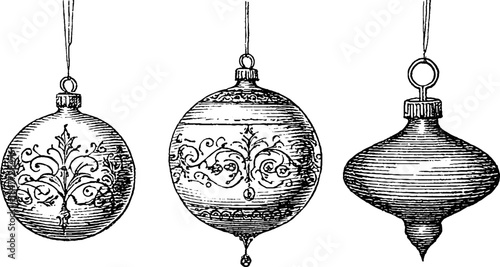 Vintage hand drawn christmas baubles set for festive holiday decor