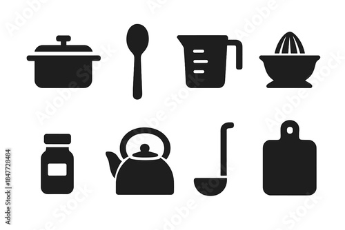 Seasonal Kitchen Icons. Seasonal kitchen items. Filled icon set of Seasonal kitchen items: saucepan, wooden