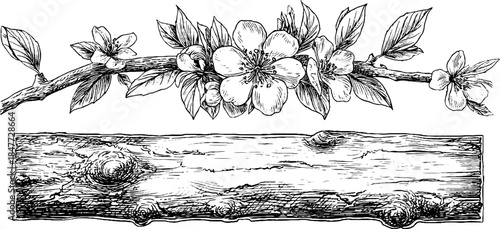 Vintage engraved branch and floral illustration set for design and decoration