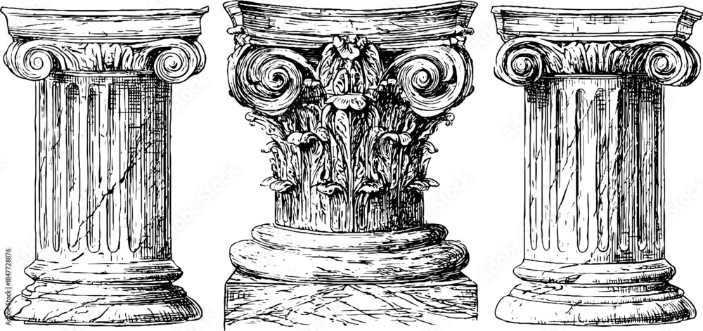 Naklejka premium Vintage engraved illustration of three fluted architectural columns