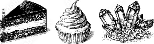 Vintage hand drawn sketch set of cake slice, cupcake, and crystals for retro design