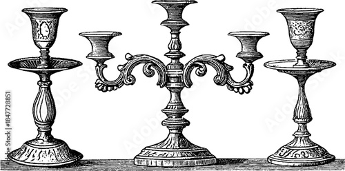 Vintage candelabra and candlestick illustration set for classic decor and design