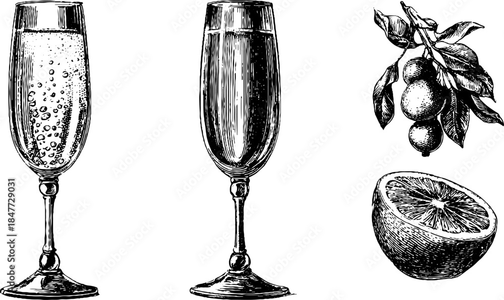Fototapeta premium Vintage hand drawn champagne flutes and citrus illustration for design and decor