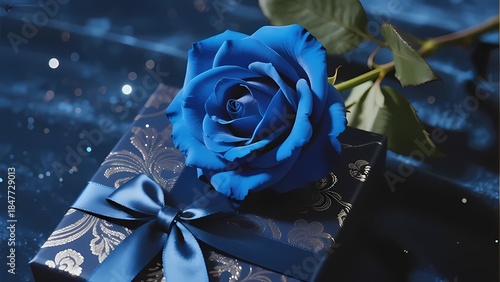 A blue rose rests atop a decorative gift box with a satin ribbon, set against a dark, sparkling background.