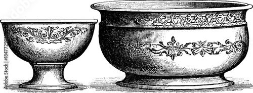 Vintage engraved ceramic bowl collection – hand drawn illustration for design projects