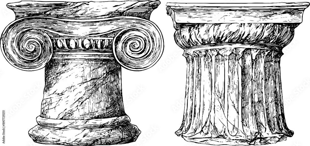 Naklejka premium Classical column capitals set: vintage engraved illustration for architectural design