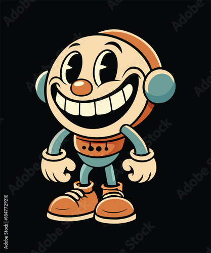 Vintage Cartoon Character Robot with Headphones and Big Smile retro