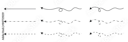 Long squiggle dashed, dotted line arrow vector icon on white background. Vector Illustration.