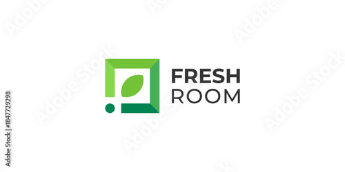 Creative simple fresh room logo template. Green office symbol, nature studio logo design vector illustration.