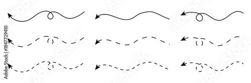 Long squiggle dashed, dotted line arrow vector icon on white background. Vector Illustration.