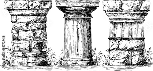 Vintage engraving of three architectural columns from ancient structures