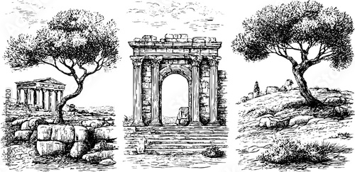 Vintage architectural illustrations of ancient columns and landscape scenery for design and print