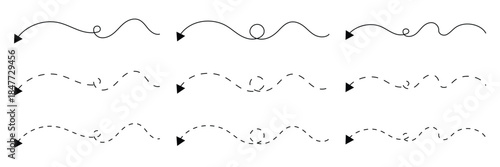 Long squiggle dashed, dotted line arrow vector icon on white background. Vector Illustration.