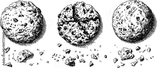Vintage cookie illustration set with crumbs - three round engraved designs for culinary art