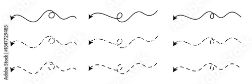 Long squiggle dashed, dotted line arrow vector icon on white background. Vector Illustration.
