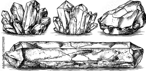 Vintage hand drawn crystal set illustration engraving for retro design