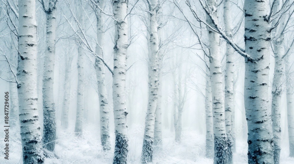 Obraz premium Birch forest presenting a tranquil cold winter scene with frosted branches and ground covered in fresh white snow