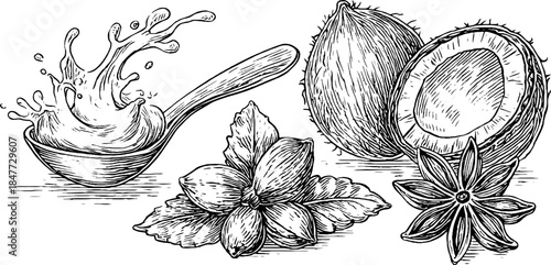 Vintage curry paste ingredients sketch with coconut flowers and star anise for recipe design
