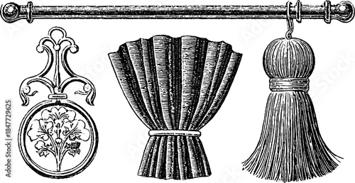 Vintage engraved curtain tassel and decoration set illustration for retro design