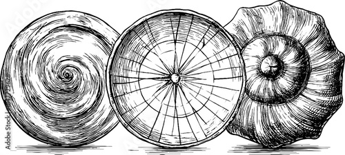 Vintage hand drawn set of three curved wave objects in engraved style for design