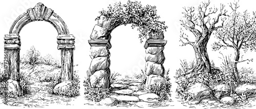 Vintage decorative arches and tree sketch set for design