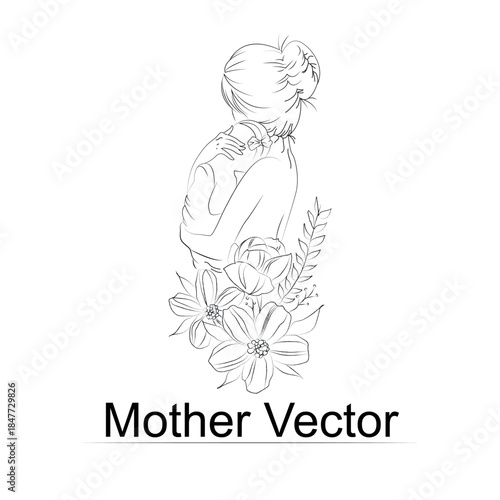  black and white handdrawn line art style mom and baby illustration art