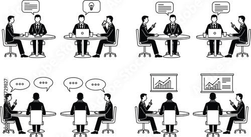 Business meeting silhouettes set, corporate discussion teamwork brainstorming presentation icons isolated on white background vector illustration modern professional office concept