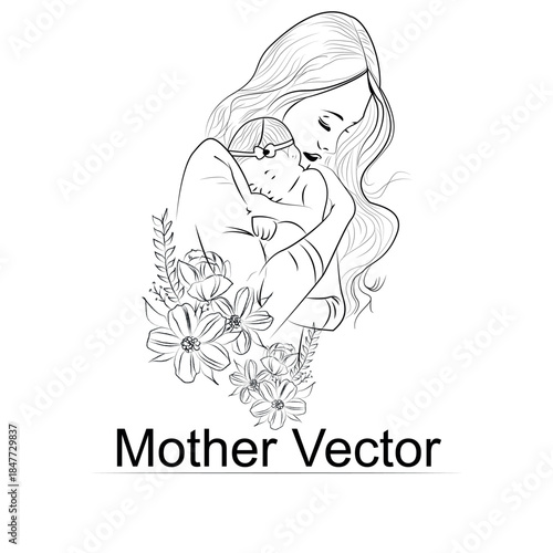 black and white handdrawn line art style mom and baby illustration art