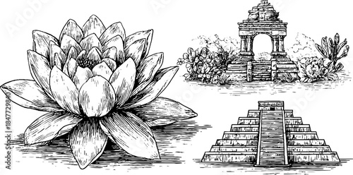 Vintage engraved egyptian lotus and ancient architecture sketch set for retro design