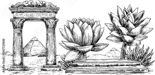 Egyptian lotus and architecture vintage engraving set for historical design