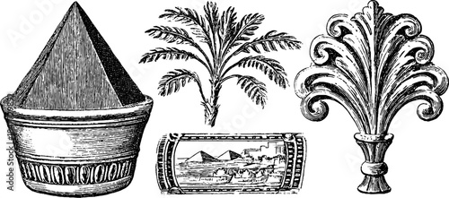 Vintage egyptian illustration set featuring pyramid, palm, and architectural details for retro design