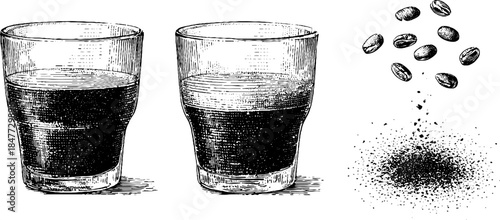 Vintage espresso shot illustrations with coffee beans and ground coffee for retro design