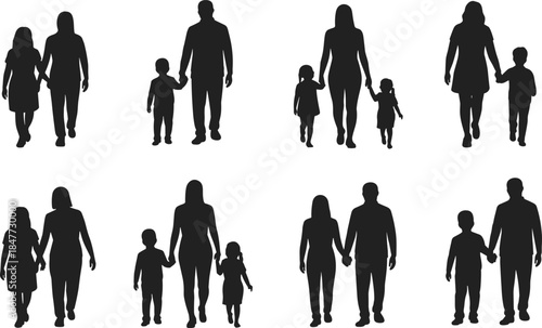 Family silhouettes walking together, parents and children figures isolated on white background, people relationships concept illustration vector design