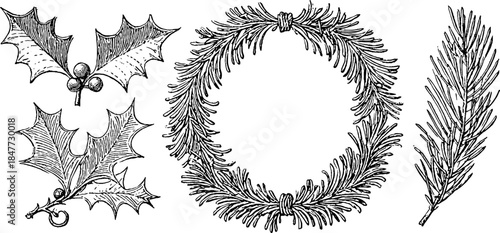 Vintage holiday wreath and festive elements engraving for seasonal design