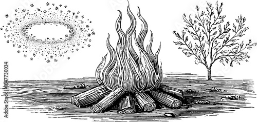 Vintage hand-drawn illustration set of fire ring, tree, and stars for retro design