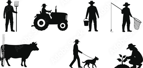 Farmer and agriculture silhouettes set, rural farming activities with tractor livestock fishing planting icons isolated on white background vector illustration