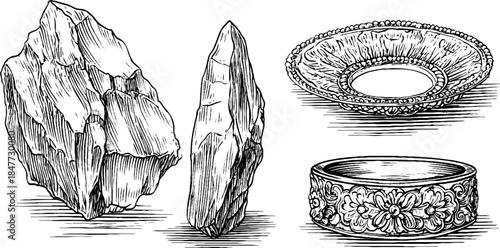 Vintage engraved set of floating runes and artifacts