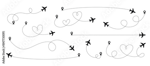 Airplane dotted line paths with location pins illustrating various travel routes and journey concepts
