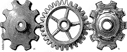Vintage engraved illustration set of three gears and tooth wheels for design