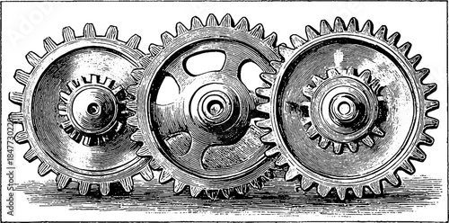 Vintage engraving of gear wheels set for industrial design and mechanics themes